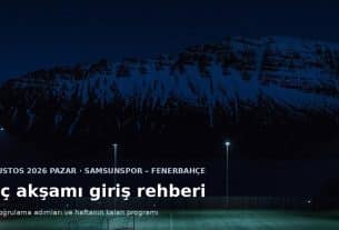 Gece ışıklandırılmış futbol sahası; üzerinde maç akşamı giriş rehberi başlığı